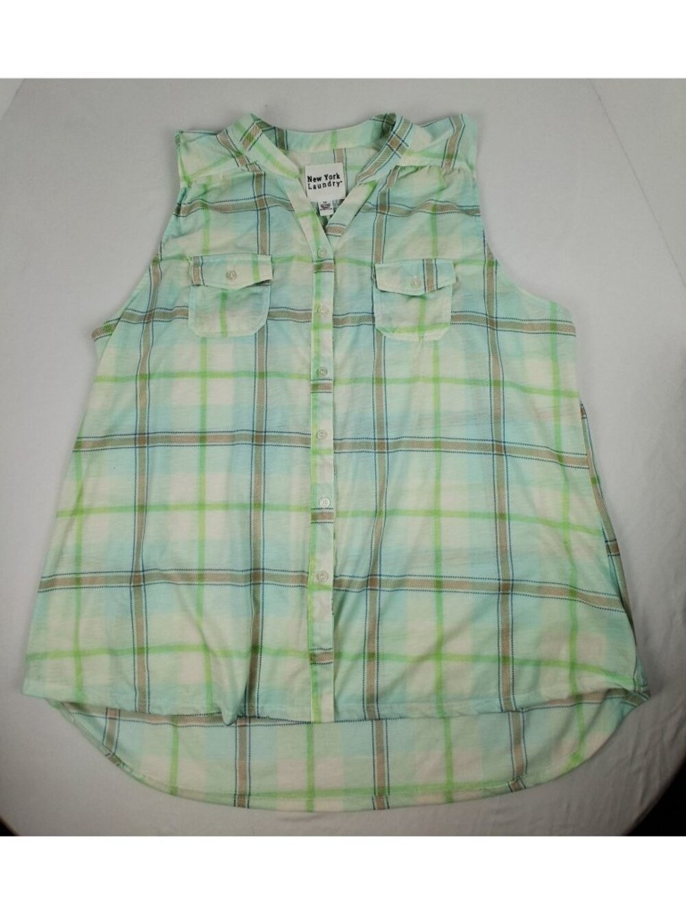 Women's Size 3X Sleeveless Button-Down Green/Blue Plaid Blouse New York Laundry
